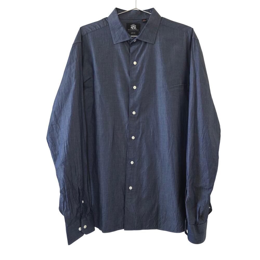 Rock & Republic Slim Fit Chambray Button Down Shirt Blue Mens Size XL